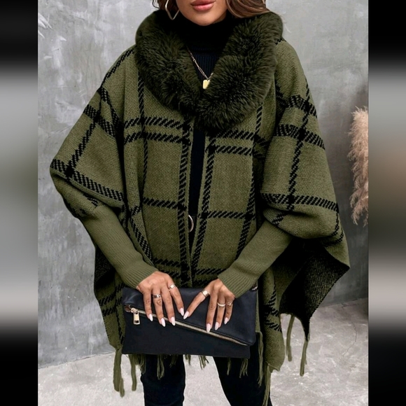 Comfy Faux Vegan Fur Plaid Fringe Cuff Sleeve Shawl Sweater Cardigan - Picture 5 of 12
